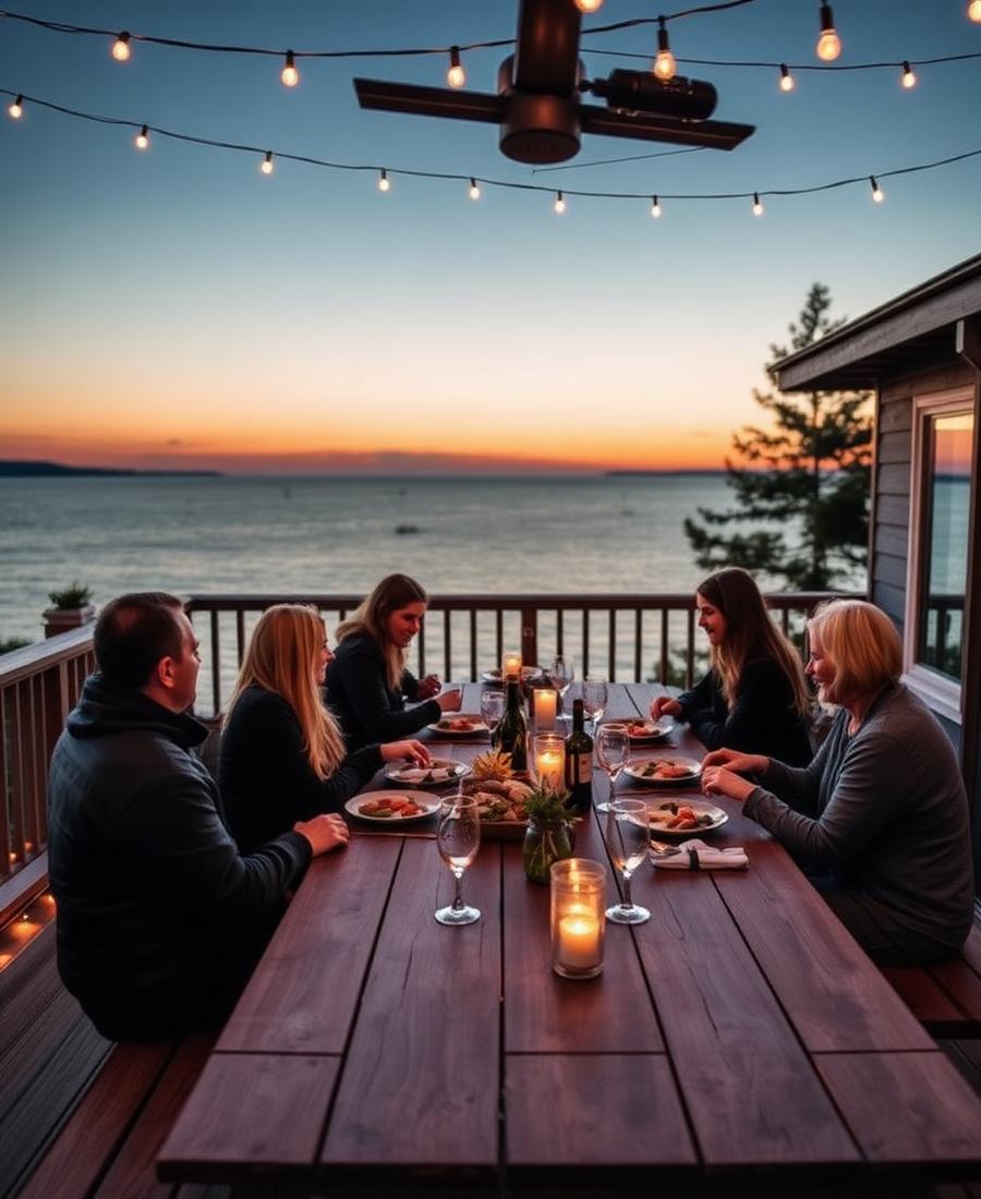 Friends sharing dinner on a Georgian Bay cottage deck