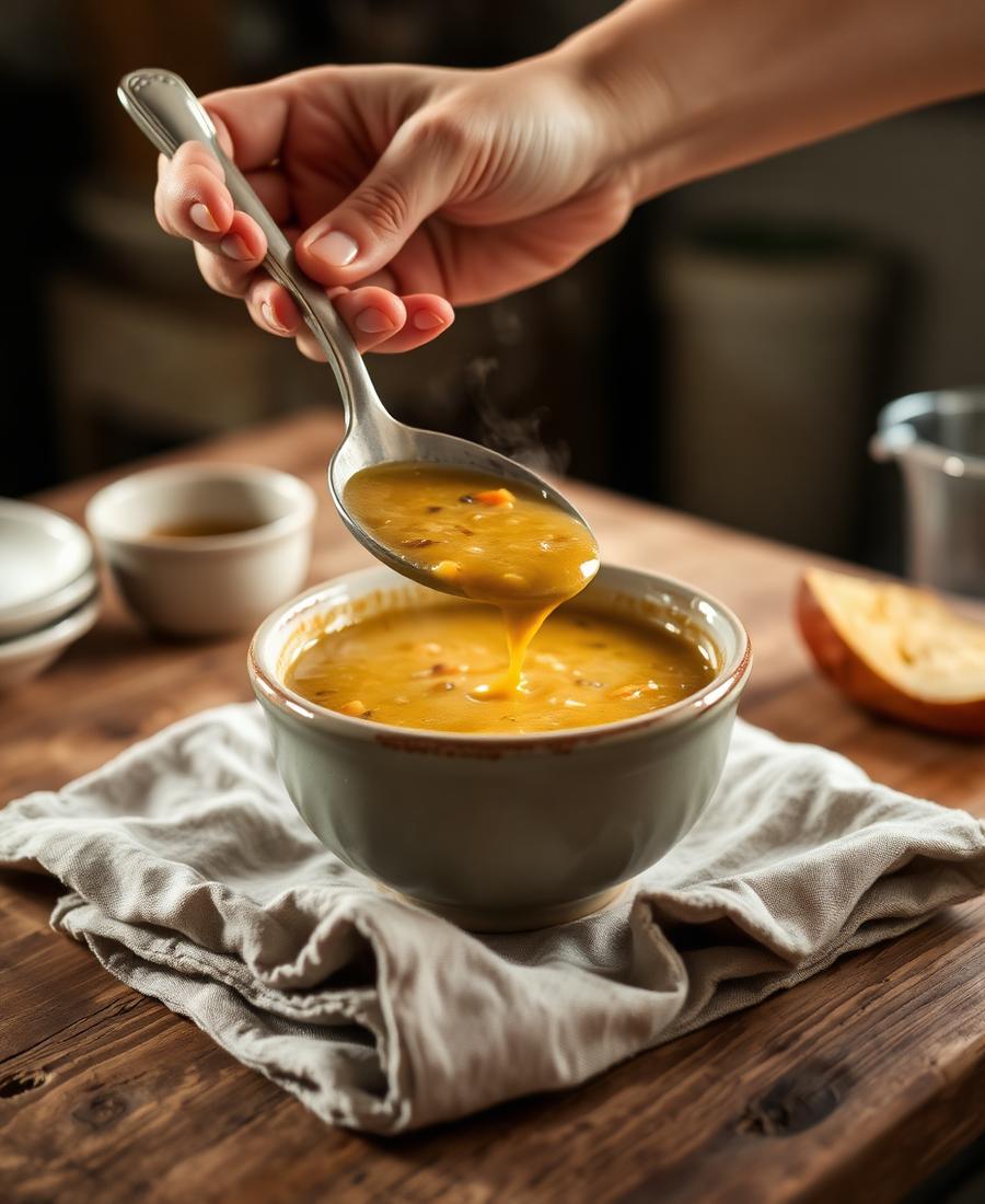 Ladling soup into a rustic ceramic bowl