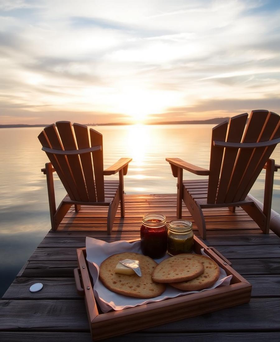 Adirondack chairs on a dock with preserves at sunset