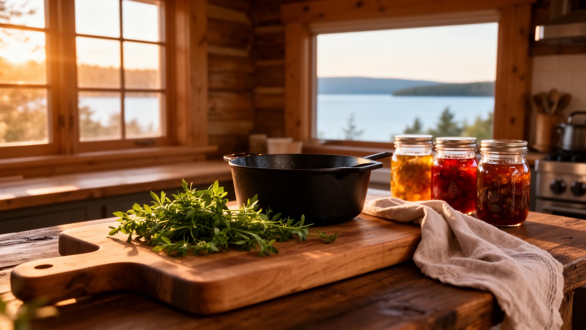 Cottage kitchen at golden hour overlooking Georgian Bay