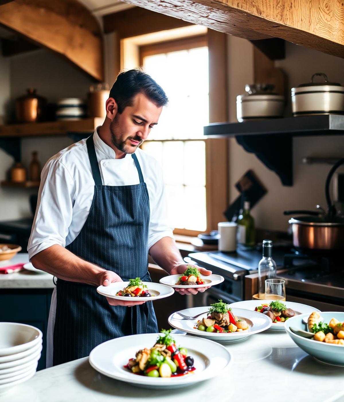 Chef plating a dish in the catering kitchen